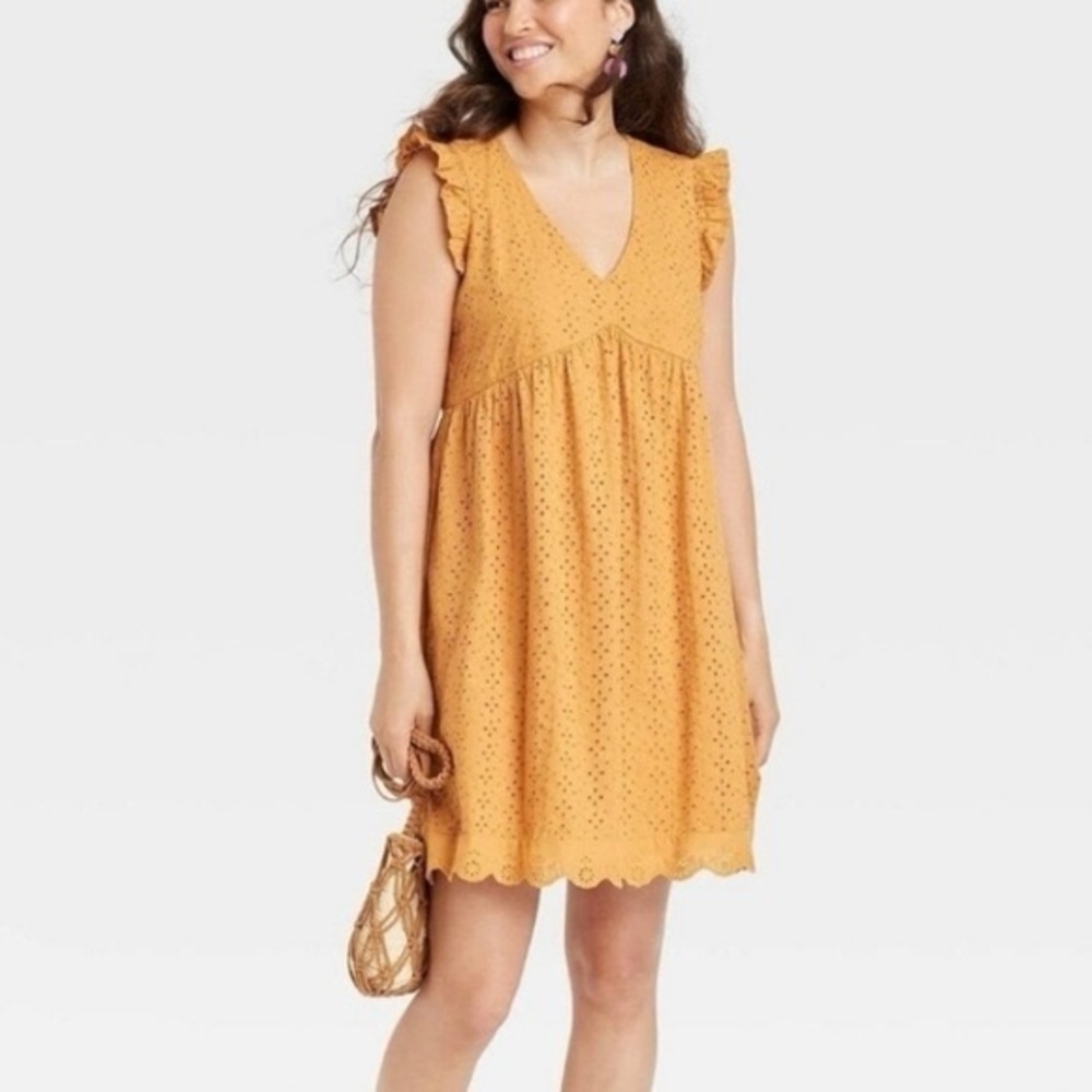 Knox Rose Yellow Mustard Color Eyelet Mini Dress XXL Ruffle Sleeve Cotton